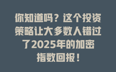 你知道吗?这个投资策略让大多数人错过了2025年的加密指数回报! 一