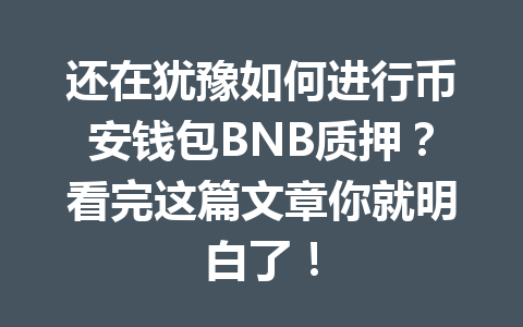 还在犹豫如何进行币安钱包BNB质押？看完这篇文章你就明白了！ 一
