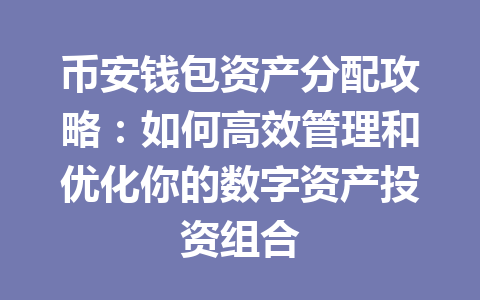 币安钱包资产分配攻略:如何高效管理和优化你的数字资产投资组合 一