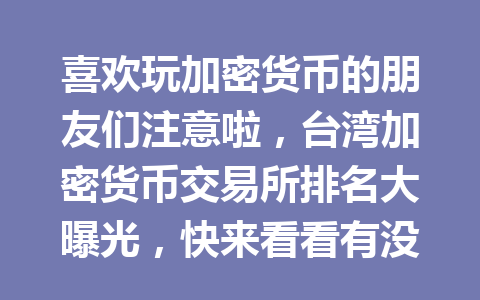 喜欢玩加密货币的朋友们注意啦，台湾加密货币交易所排名大曝光，快来看看有没有你的菜！ 一