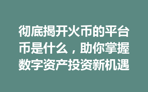 彻底揭开火币的平台币是什么，助你掌握数字资产投资新机遇 一