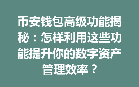 币安钱包高级功能揭秘：怎样利用这些功能提升你的数字资产管理效率？ 一