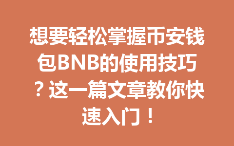 想要轻松掌握币安钱包BNB的使用技巧?这一篇文章教你快速入门! 一